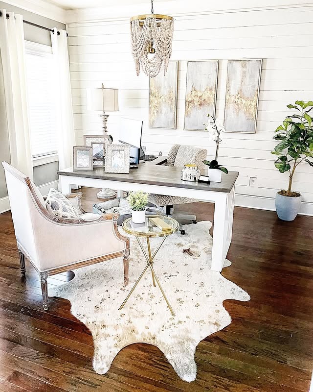 14. Refined Farmhouse Office with Cream, Wood, and Soft Gold Accents - farmhouse office ideas