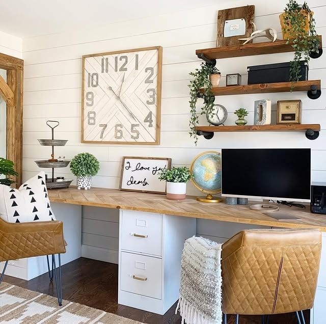 15. Modern Farmhouse Workspace with White Shiplap and Light Wood Desk - farmhouse office ideas