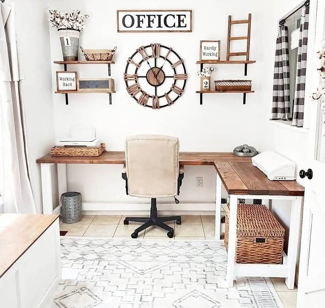 19. Warm Farmhouse Corner Office with Wood Desk and White Base - farmhouse office ideas