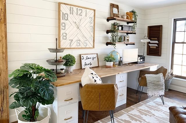 21. Classic Farmhouse Office with White Shiplap and Warm Wood Accents - farmhouse office ideas