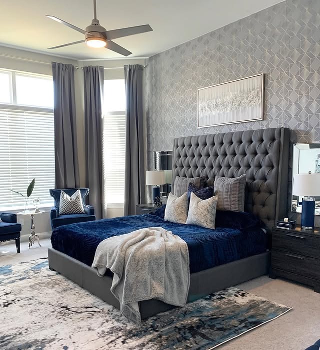 9. Statement Headboard Against Patterned Gray - gray wall bedroom ideas