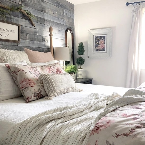 11. Cottage-Inspired Gray with Soft Florals - gray wall bedroom ideas