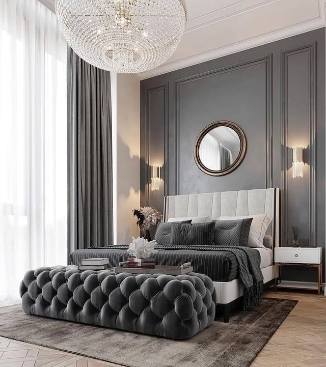 15. Formal Gray Paneling with Luxe Upholstery - gray wall bedroom ideas