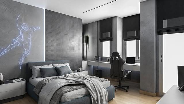 22. Urban Tech Gray with Graphic Wall Art - gray wall bedroom ideas