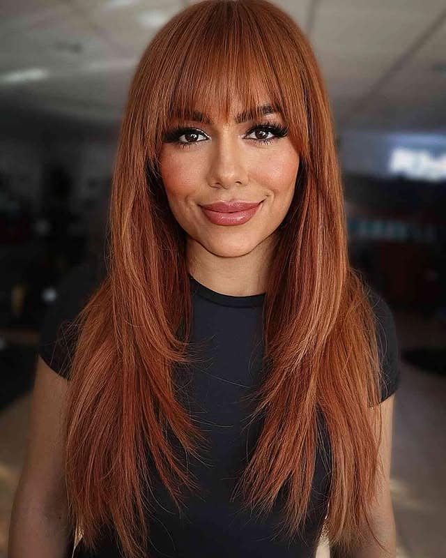 22. Long Layered Cut with Fringe in Classic Auburn - Auburn Hair Color