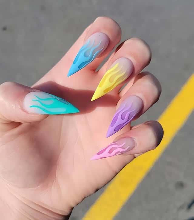 2. Rainbow Flame Stiletto Nails on Sheer Base - multicolored nail ideas