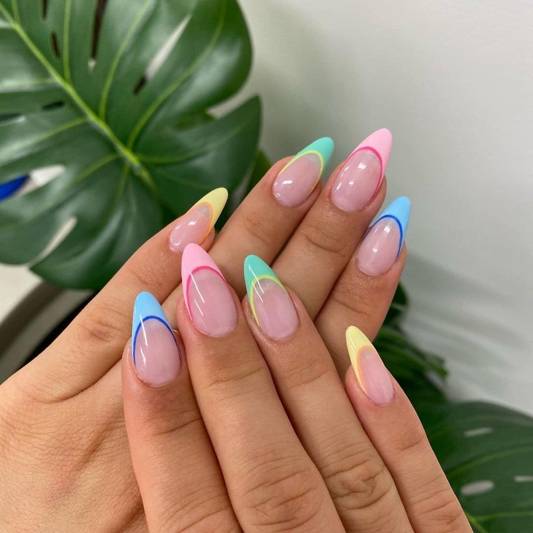 4. Pastel French Tip Almond Nails in Mint, Lemon, and Sky Blue - multicolored nail ideas