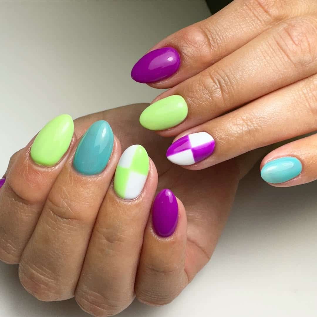 5. Color Block Oval Nails in Lime, Teal, and Violet - multicolored nail ideas
