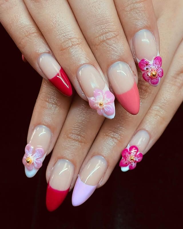 11. Floral Accent Almond Nails in Pink and Red French Tips - multicolored nail ideas