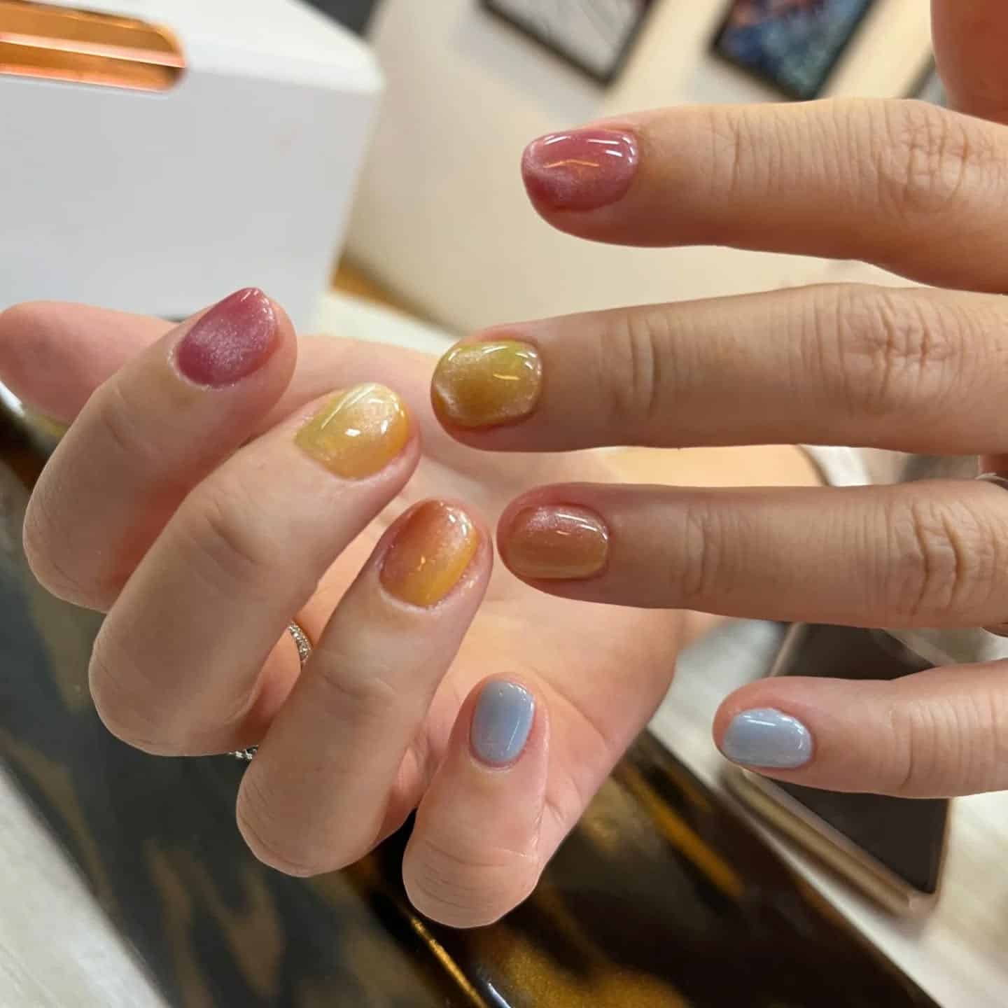 12. Sheer Jelly Short Nails in Rose, Amber, and Slate - multicolored nail ideas