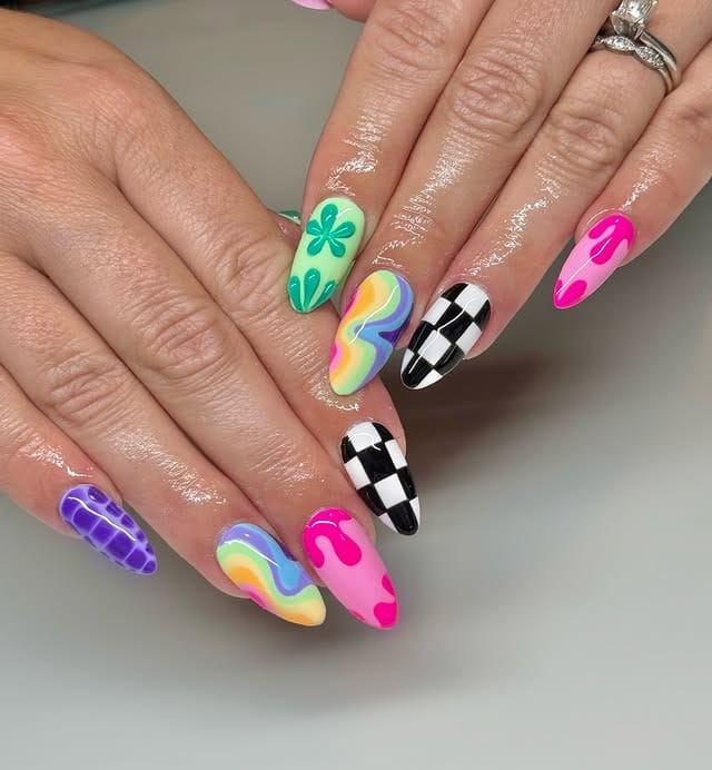 13. Graphic Mix Almond Nails with Checkers and Abstract Color - multicolored nail ideas