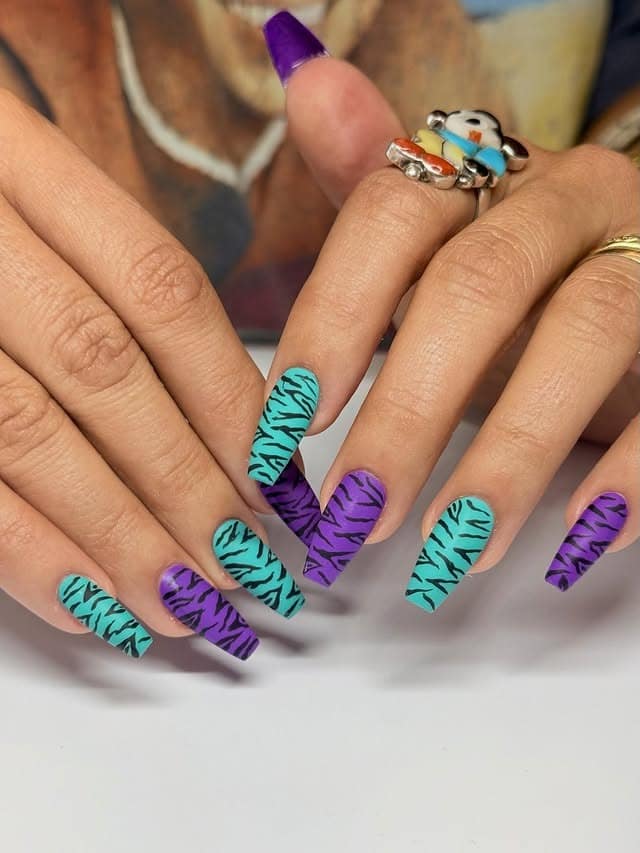 14. Zebra Print Coffin Nails in Teal and Purple - multicolored nail ideas