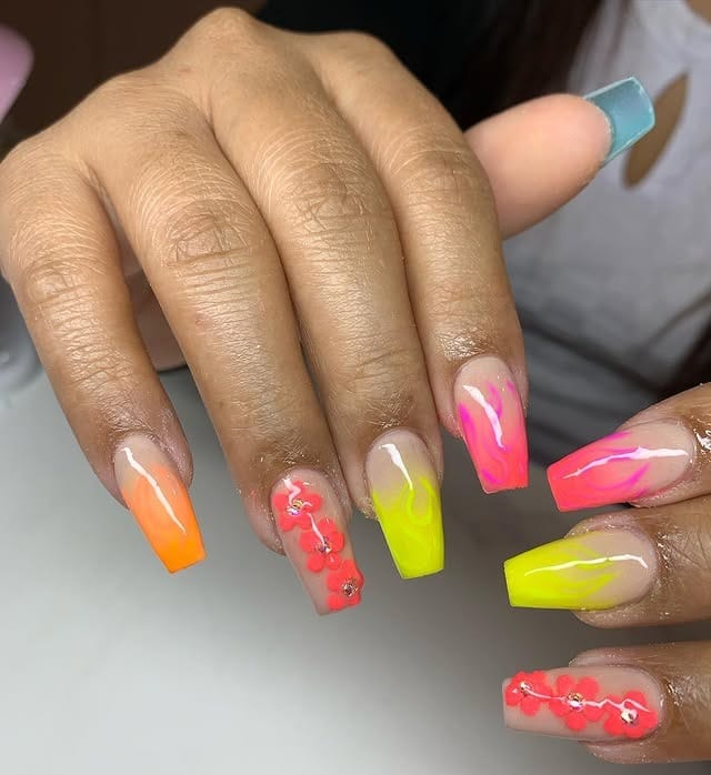 15. Neon Accent Coffin Nails in Coral, Lime, and Pink - multicolored nail ideas