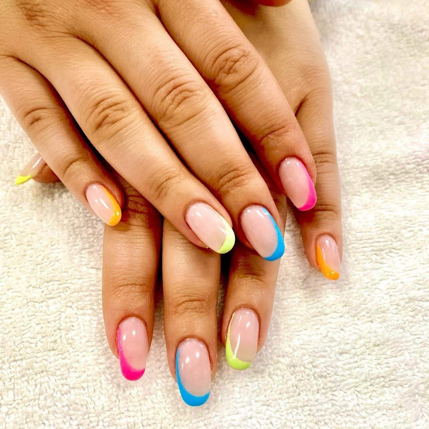 16. Pastel French Tip Oval Nails in Blue, Green, and Pink - multicolored nail ideas