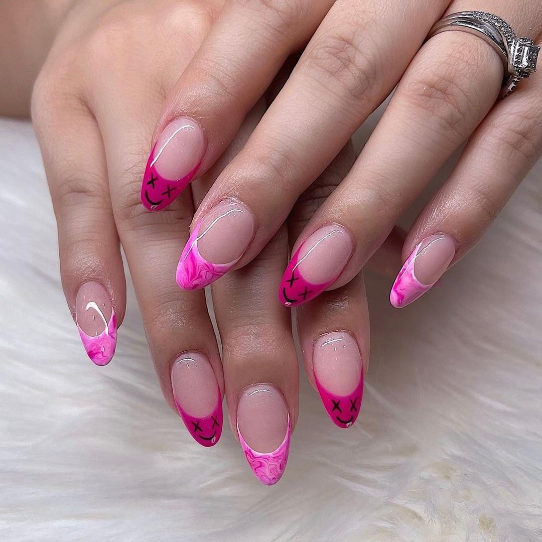 17. Pink French Almond Nails with Graphic Smile Details - multicolored nail ideas