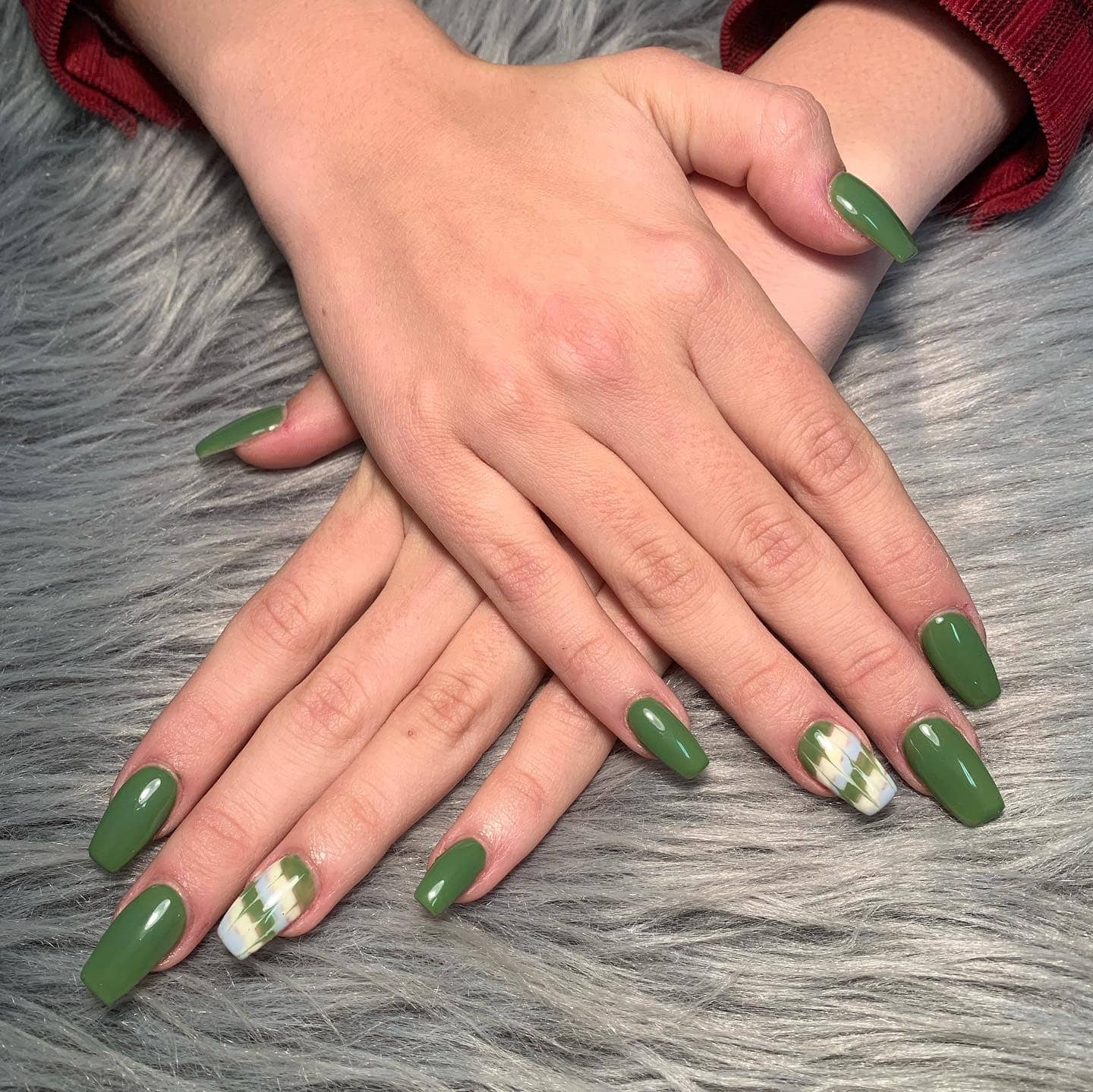 18. Olive Green Square Nails with Plaid Accent - multicolored nail ideas