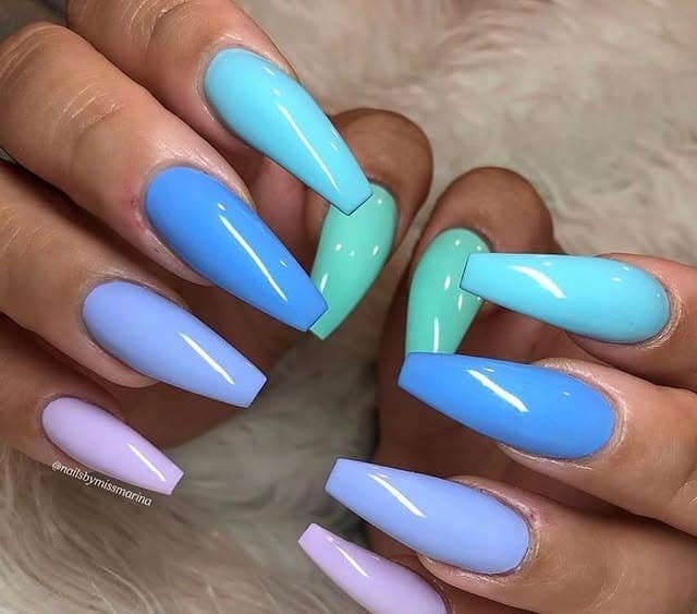 20. Pastel Coffin Nails in Blue, Mint, and Lilac - multicolored nail ideas