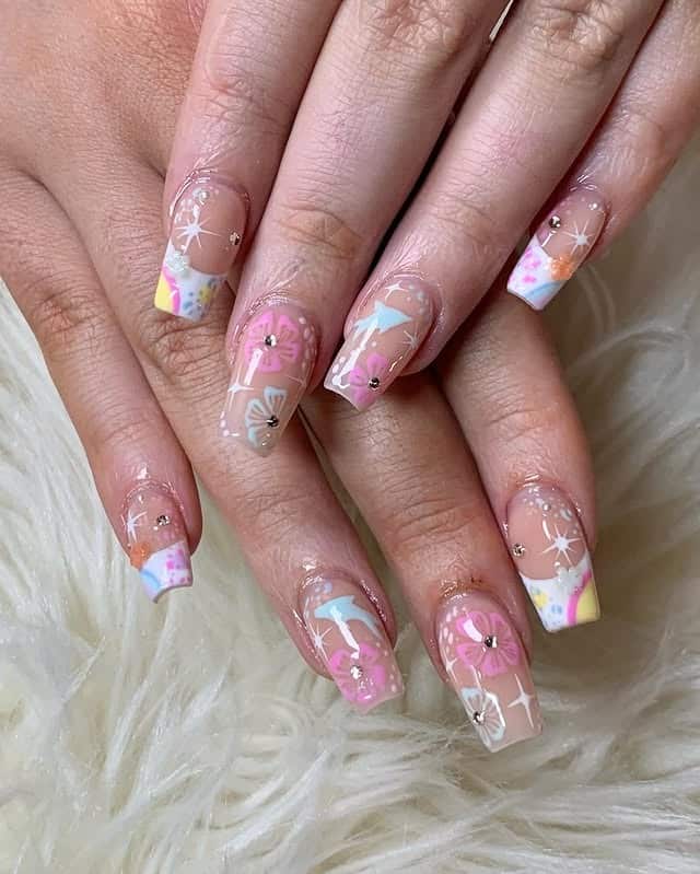 21. Pastel Floral Square Nails with Sheer Nude Base - multicolored nail ideas