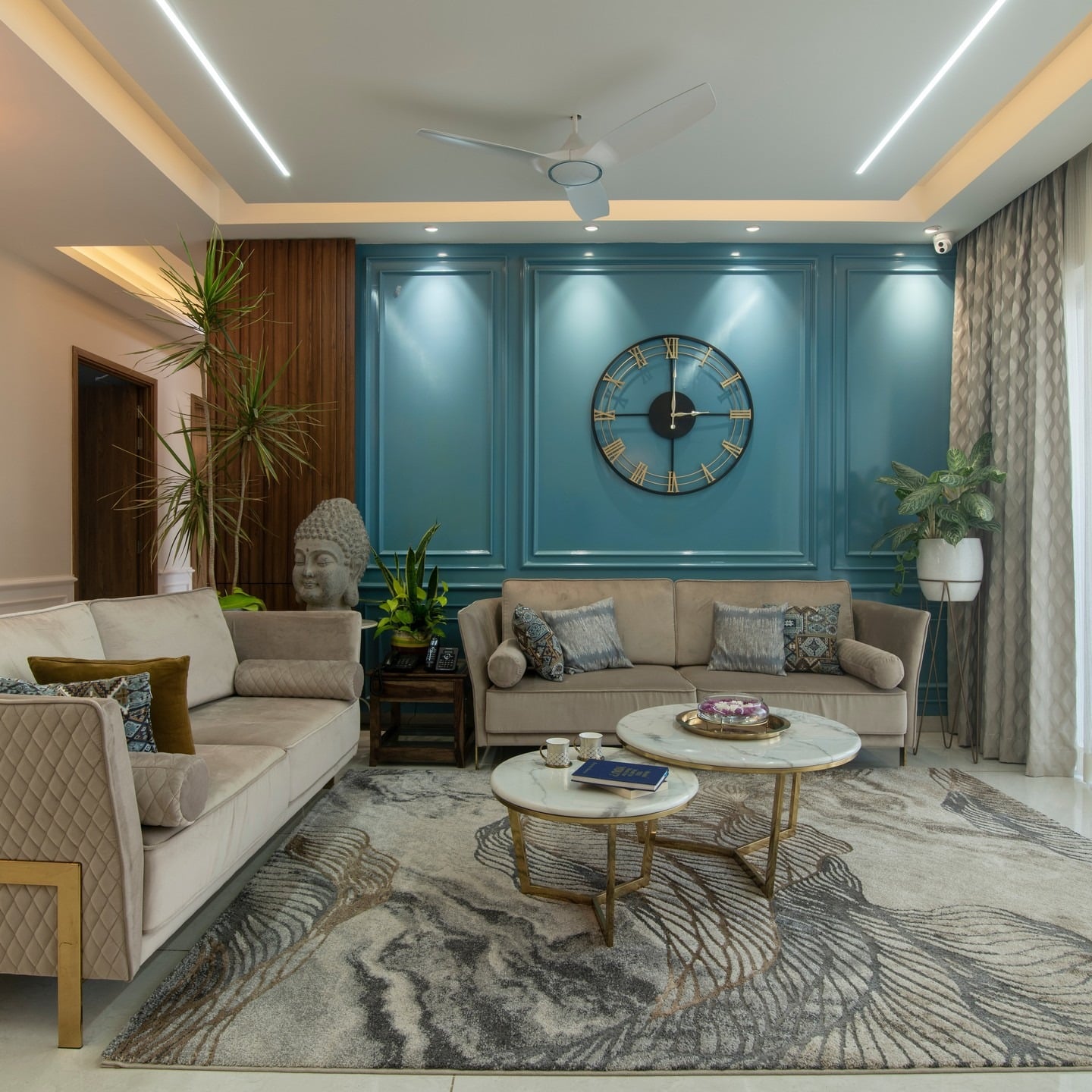 2. Tailored Contemporary Living in Teal and Sand - living room furniture ideas