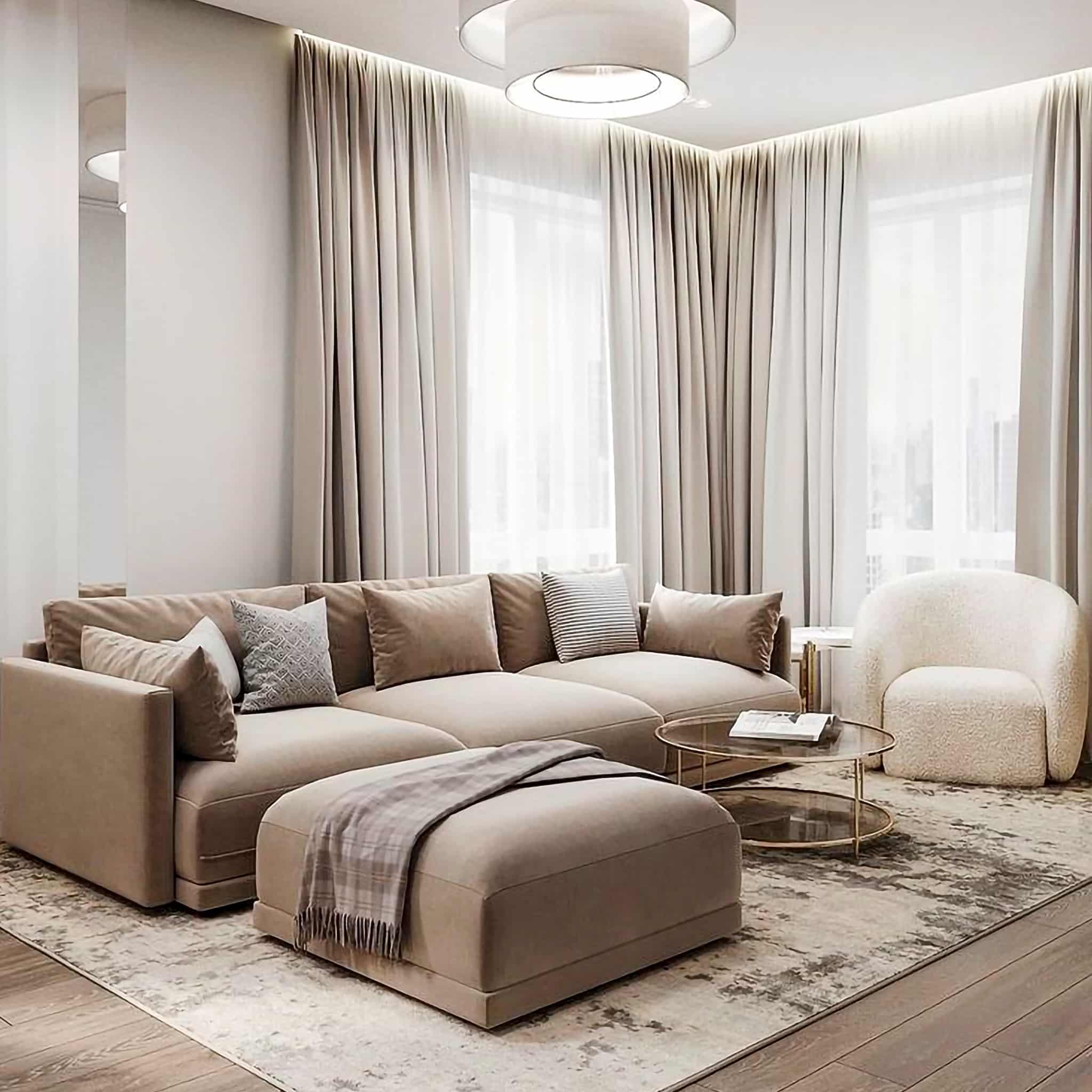 7. Refined Neutral Lounge in Taupe and Soft Linen - living room furniture ideas
