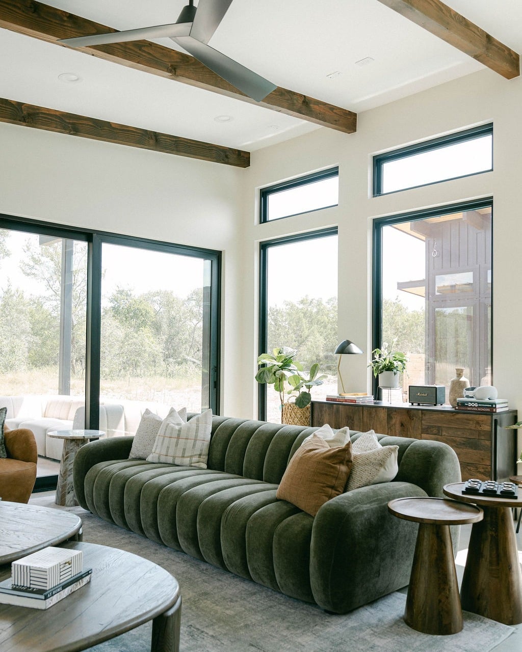 10. Modern Rustic Comfort in Olive and Natural Wood - living room furniture ideas