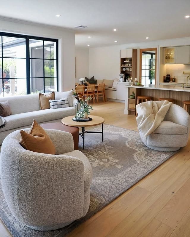 12. Open-Concept Living in Soft Beige and Light Oak - living room furniture ideas