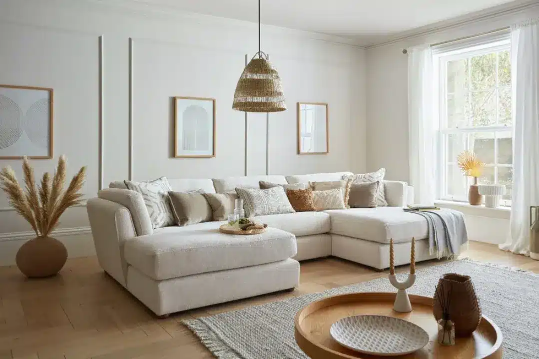 19. Bright Neutral Sectional Living in Linen and Pale Wood - living room furniture ideas
