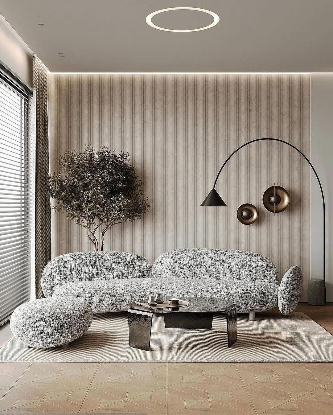 21. Sculptural Modern Seating in Soft Gray and Warm Neutrals - living room furniture ideas