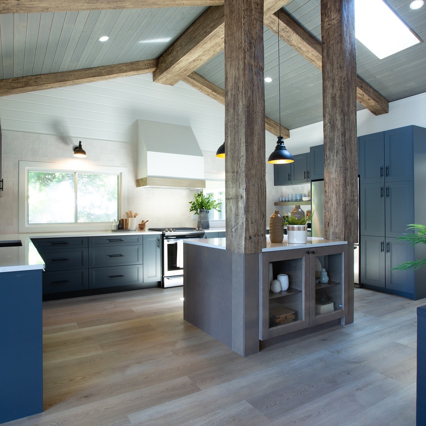 2. Coastal Blue Kitchen with Exposed Wood Beams - gray and blue kitchen ideas