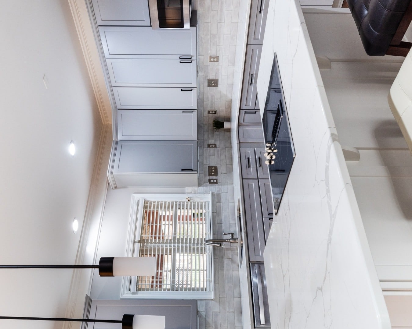 4. Light Gray and Blue Kitchen with Marble-Look Counters - gray and blue kitchen ideas