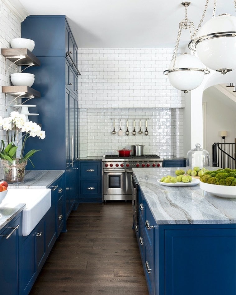 5. Classic Blue Kitchen with Subway Tile Backsplash - gray and blue kitchen ideas