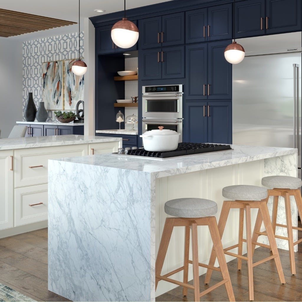 9. Contemporary Navy Kitchen with Statement Island - gray and blue kitchen ideas