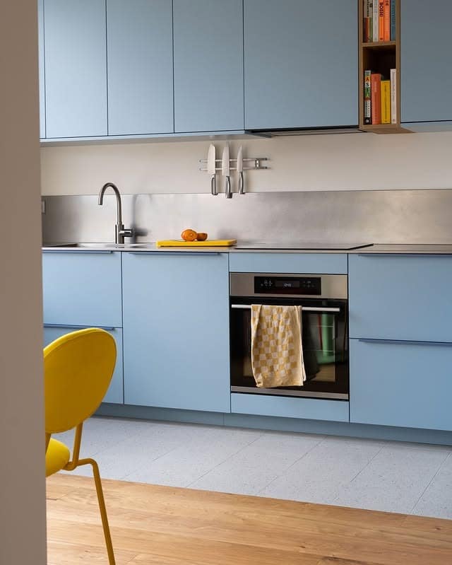 16. Pale Blue Flat-Front Kitchen with Minimalist Styling - gray and blue kitchen ideas