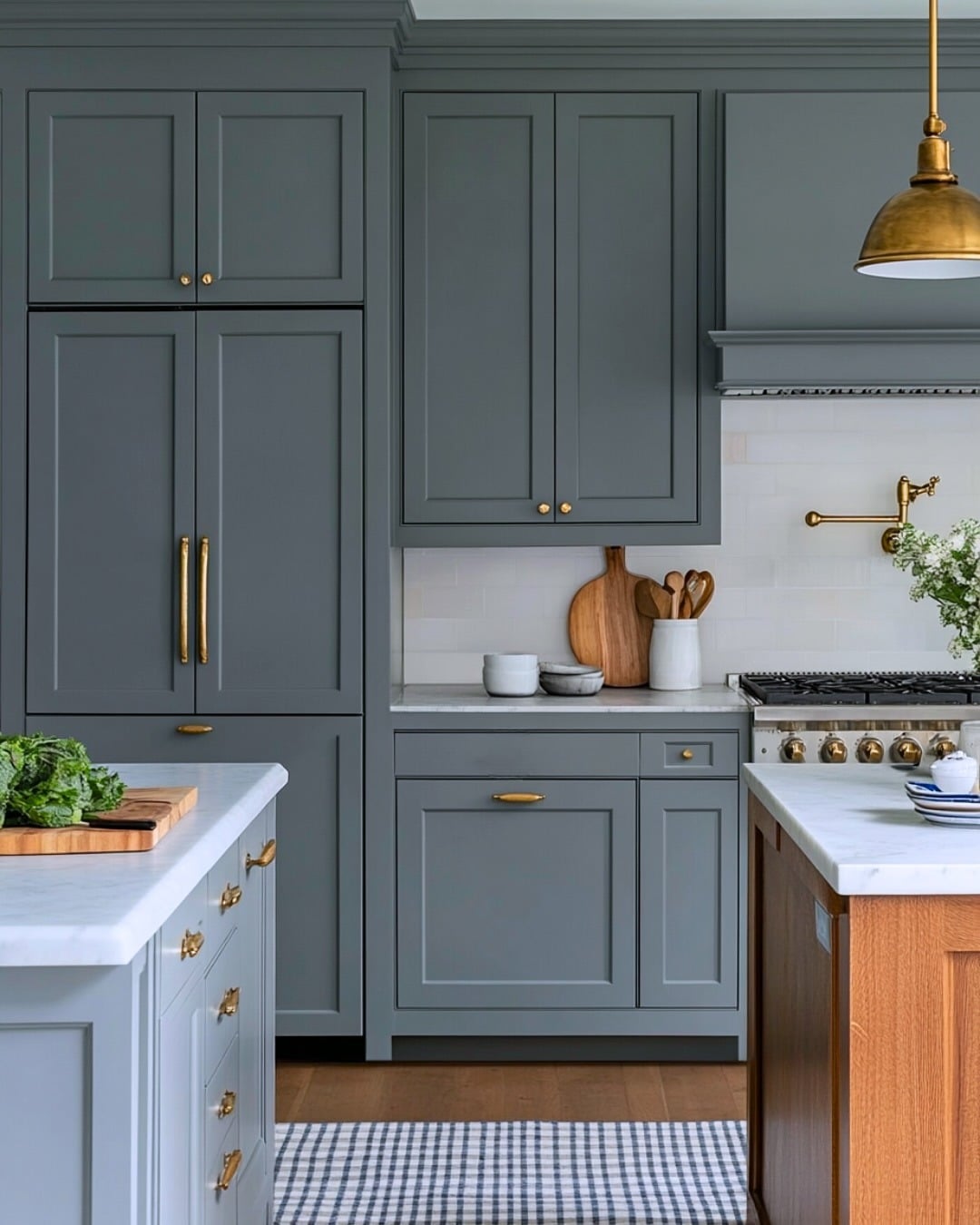 18. Muted Blue Traditional Kitchen with Brass Hardware - gray and blue kitchen ideas