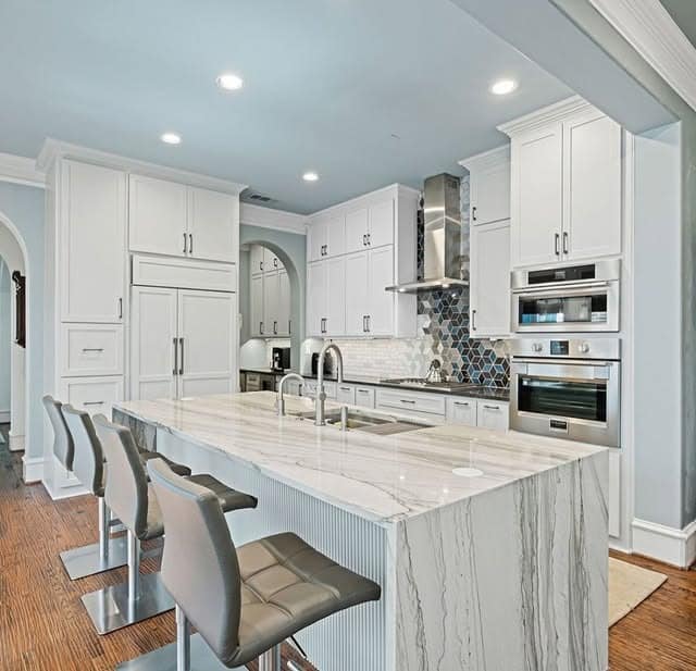 19. Bright Gray Kitchen with Blue Patterned Backsplash - gray and blue kitchen ideas