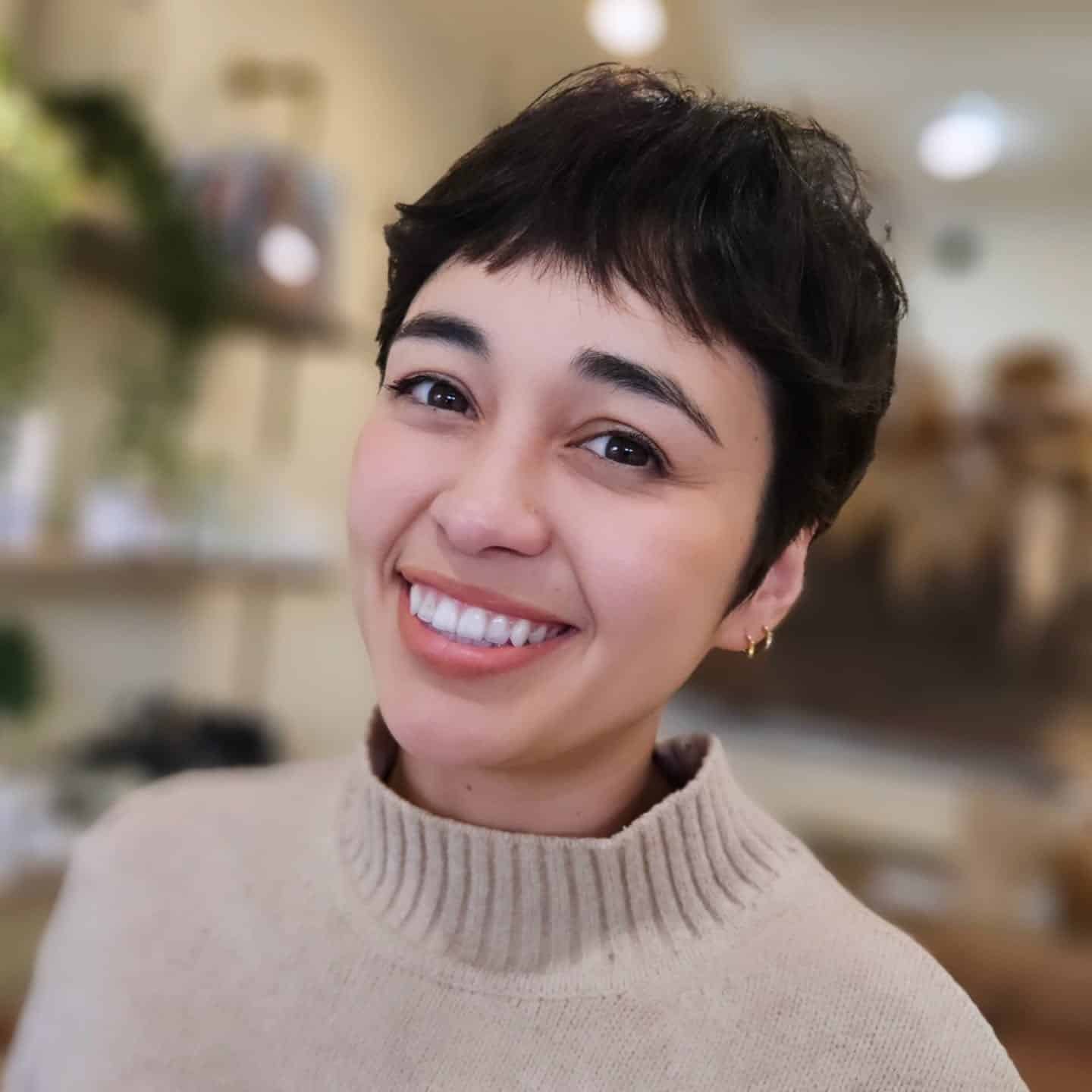 19. Cropped Pixie with Micro Bangs in Natural Dark Brown - Short Hairstyles with Bangs