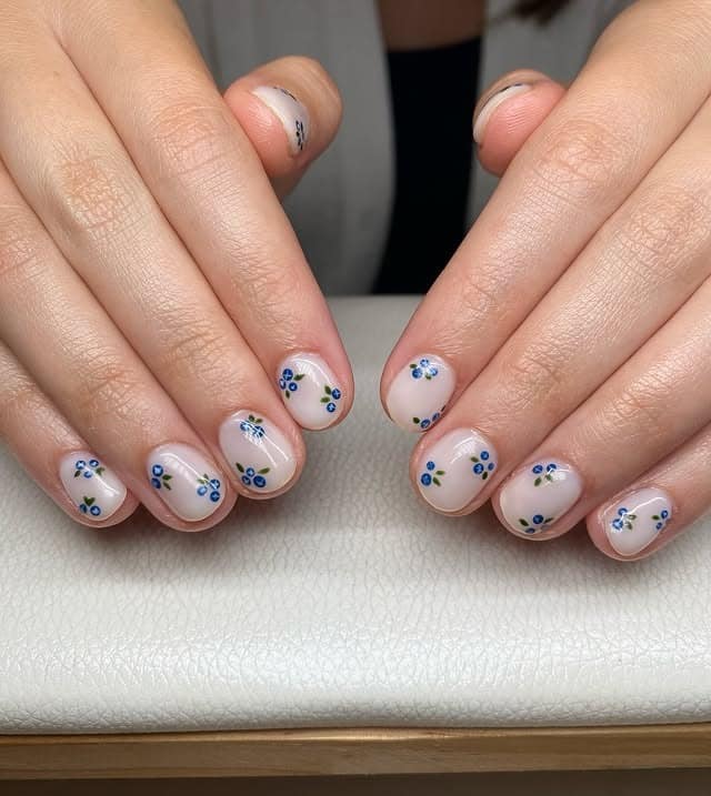 2. Minimal Coastal Floral Nails in Sheer Nude and Blue - nautical nail ideas