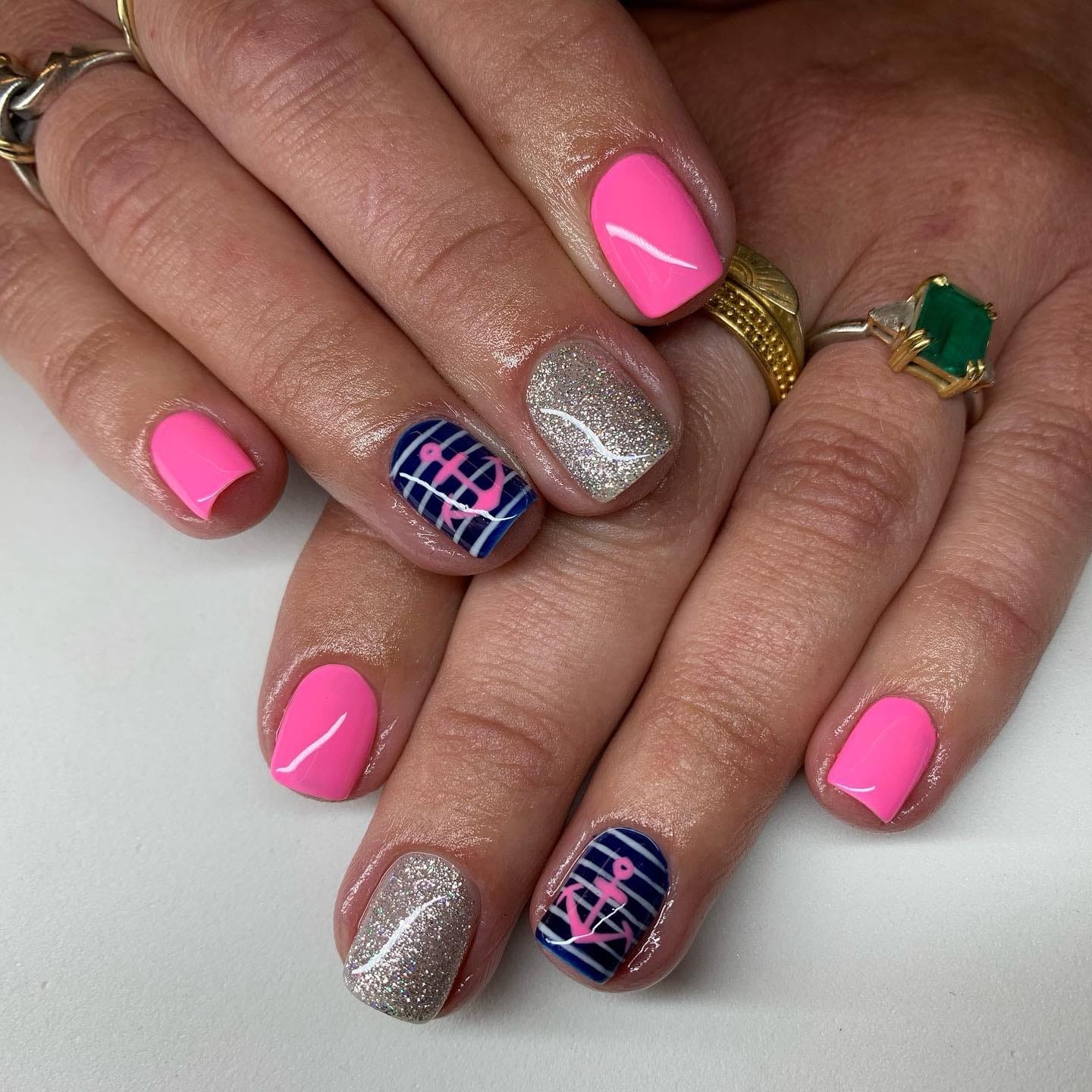 4. Nautical Anchor Accent Nails in Pink, Navy, and Silver - nautical nail ideas