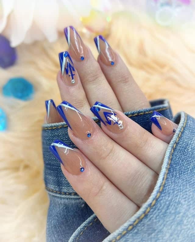 5. Modern Blue French Edge Nails with Graphic Line Art - nautical nail ideas