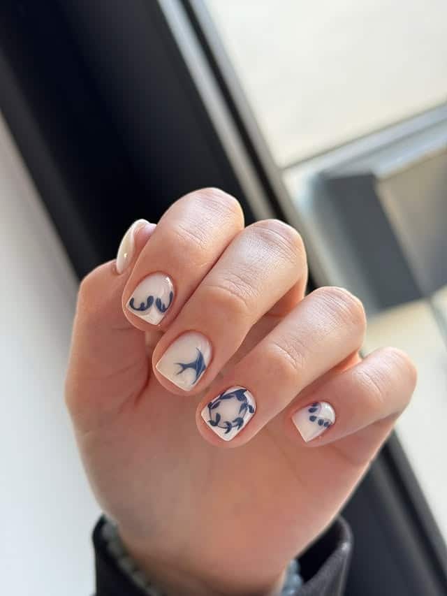 14. White and Blue Porcelain-Style Short Nails - nautical nail ideas