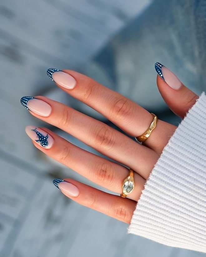 15. Sheer Nude Almond Nails with Navy Micro French Tips - nautical nail ideas