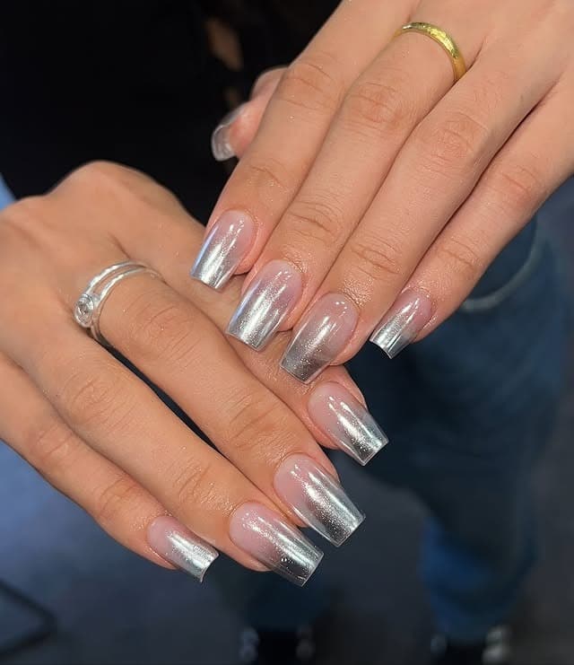 1. Silver Mirror Ombre Square Chrome Nails - ombre chrome nail ideas