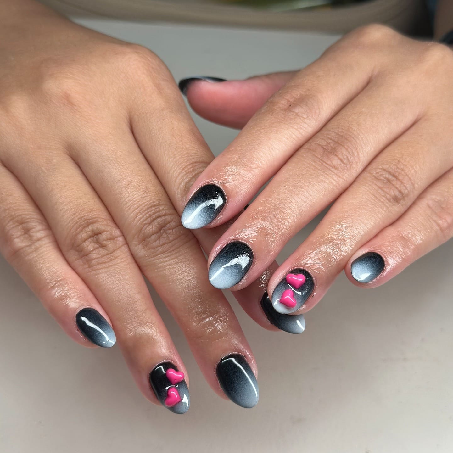 4. Black Smoke Ombre Chrome with Heart Accents - ombre chrome nail ideas