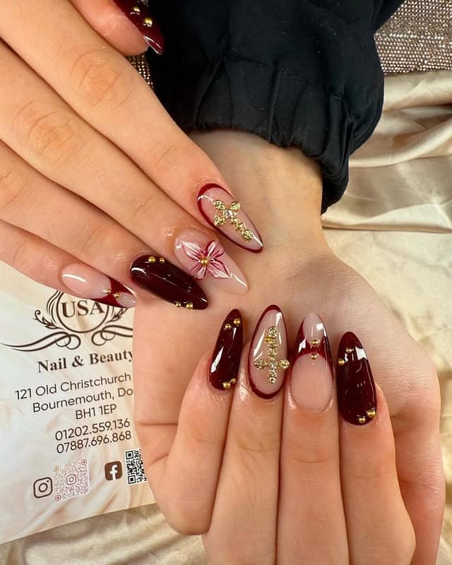 5. Burgundy Nude Ombre Chrome with Gold Embellishments - ombre chrome nail ideas