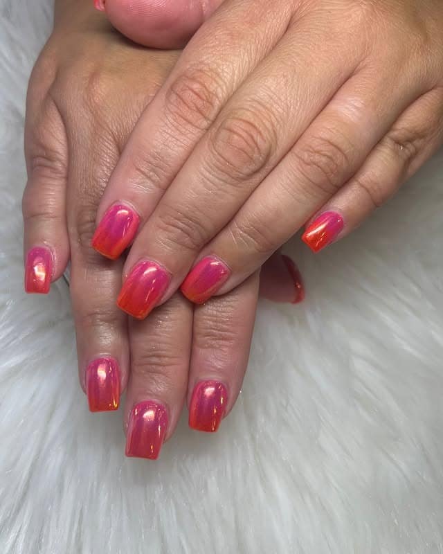 8. Raspberry Coral Ombre Chrome Short Square Nails - ombre chrome nail ideas
