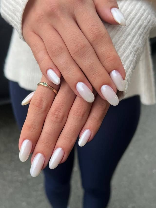 9. Milky White Ombre Chrome Almond Nails - ombre chrome nail ideas