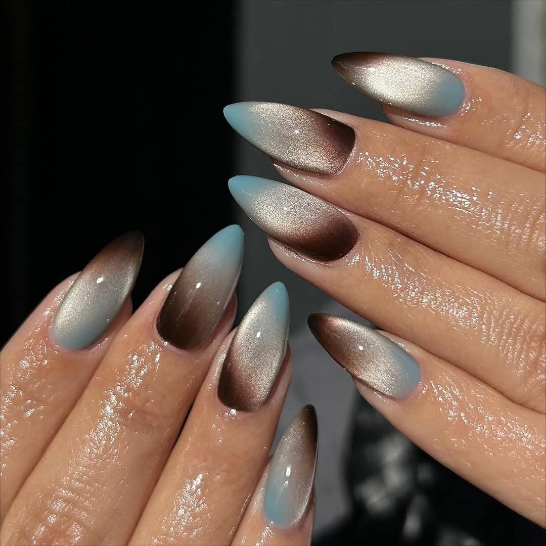 10. Mocha Blue Ombre Chrome Stiletto Nails - ombre chrome nail ideas