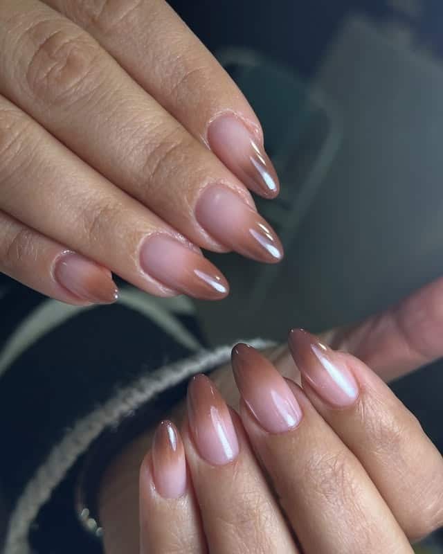 12. Soft Blush Nude Ombre Chrome Almond Nails - ombre chrome nail ideas