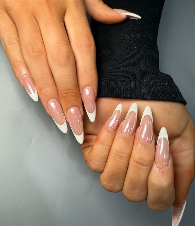 15. Classic Nude Ombre French Chrome Almond Nails - ombre chrome nail ideas