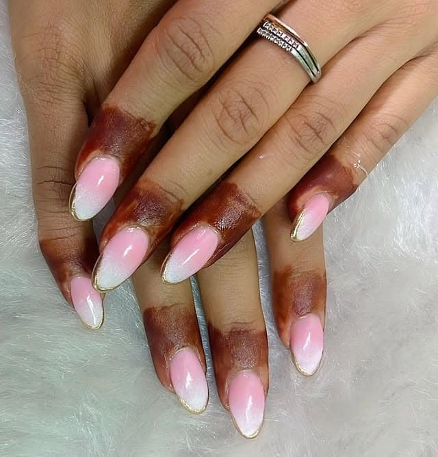 16. Pink Milk Ombre Chrome Almond Nails with Gold Outline - ombre chrome nail ideas
